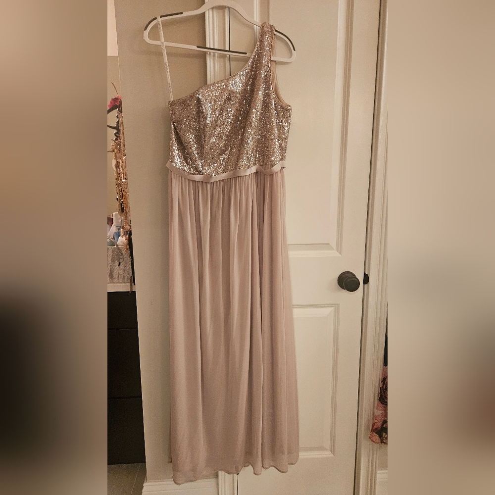 David's Bridal One-Shoulder Sequin Maxi Dress in Gold and Cream